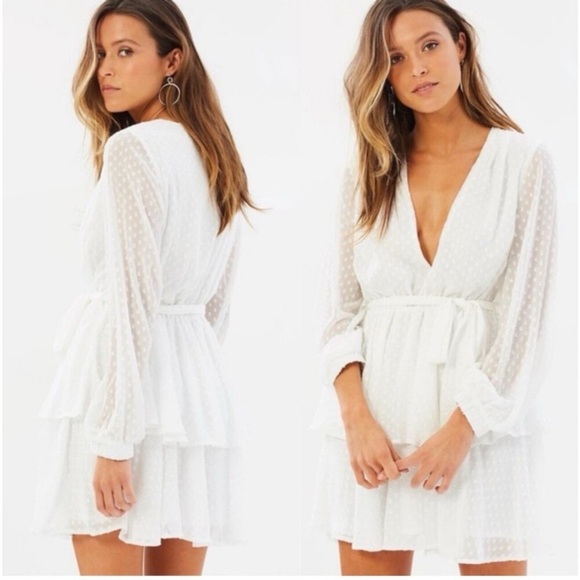 Lioness Legendary Lovers Plunge Dress White Swiss Dot Mini Tie Waist US 4 NWT - Picture 1 of 12